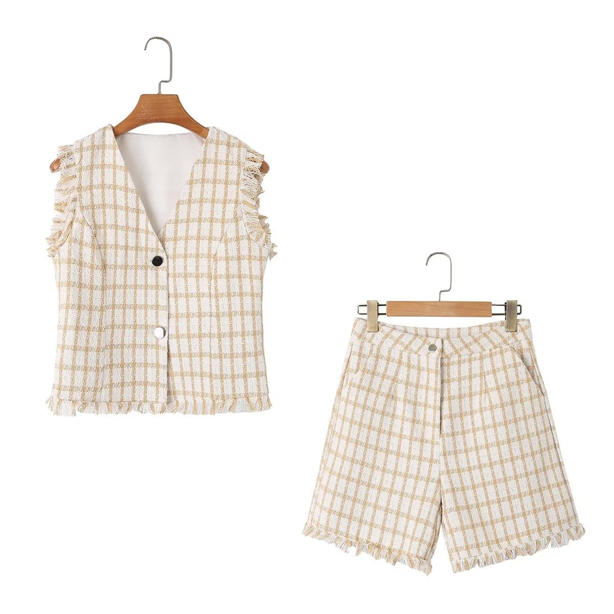 Sweet Plaid Tassel Shorts Set