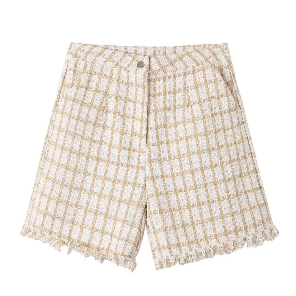 Sweet Plaid Tassel Shorts Set