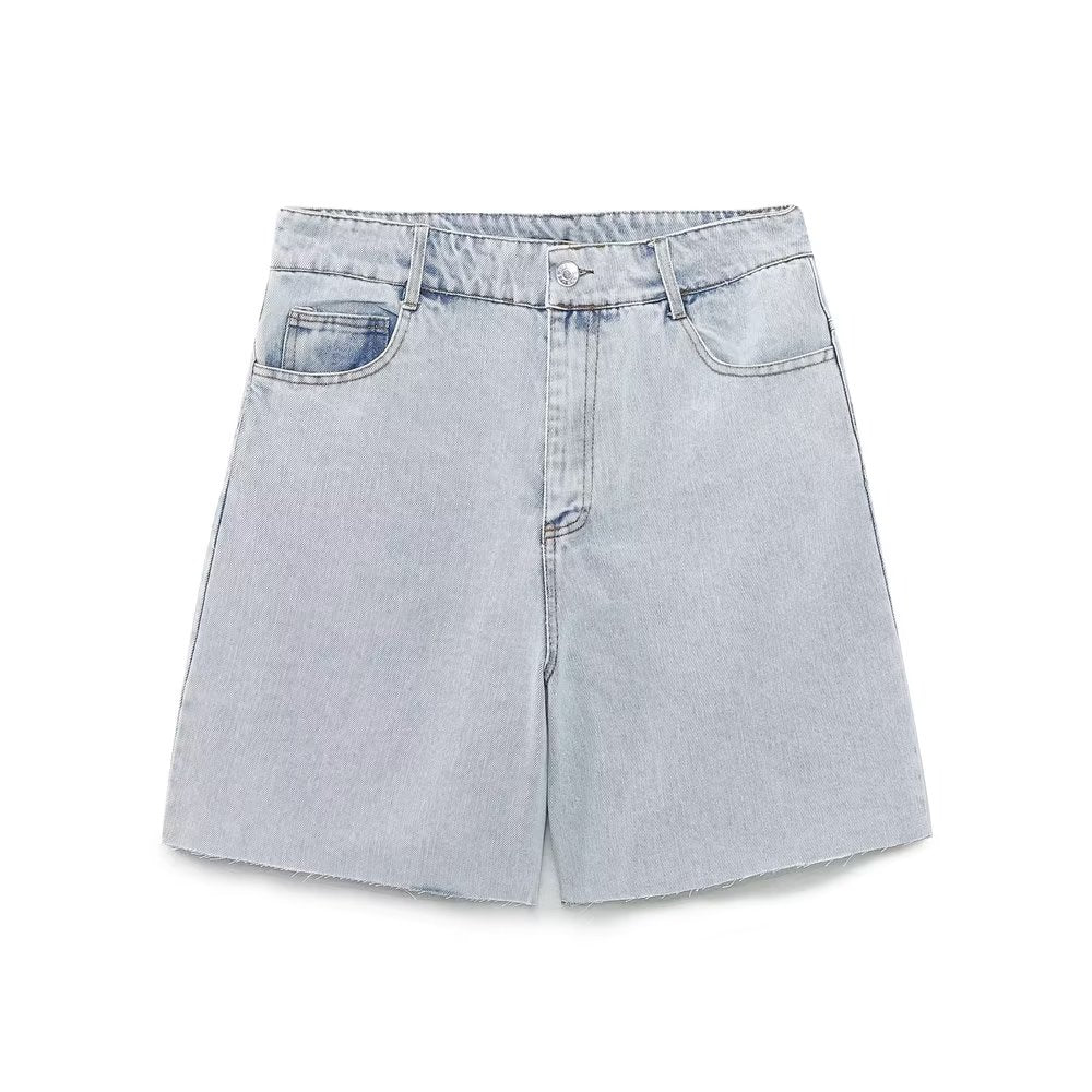 High Waist Straight Long Denim Shorts