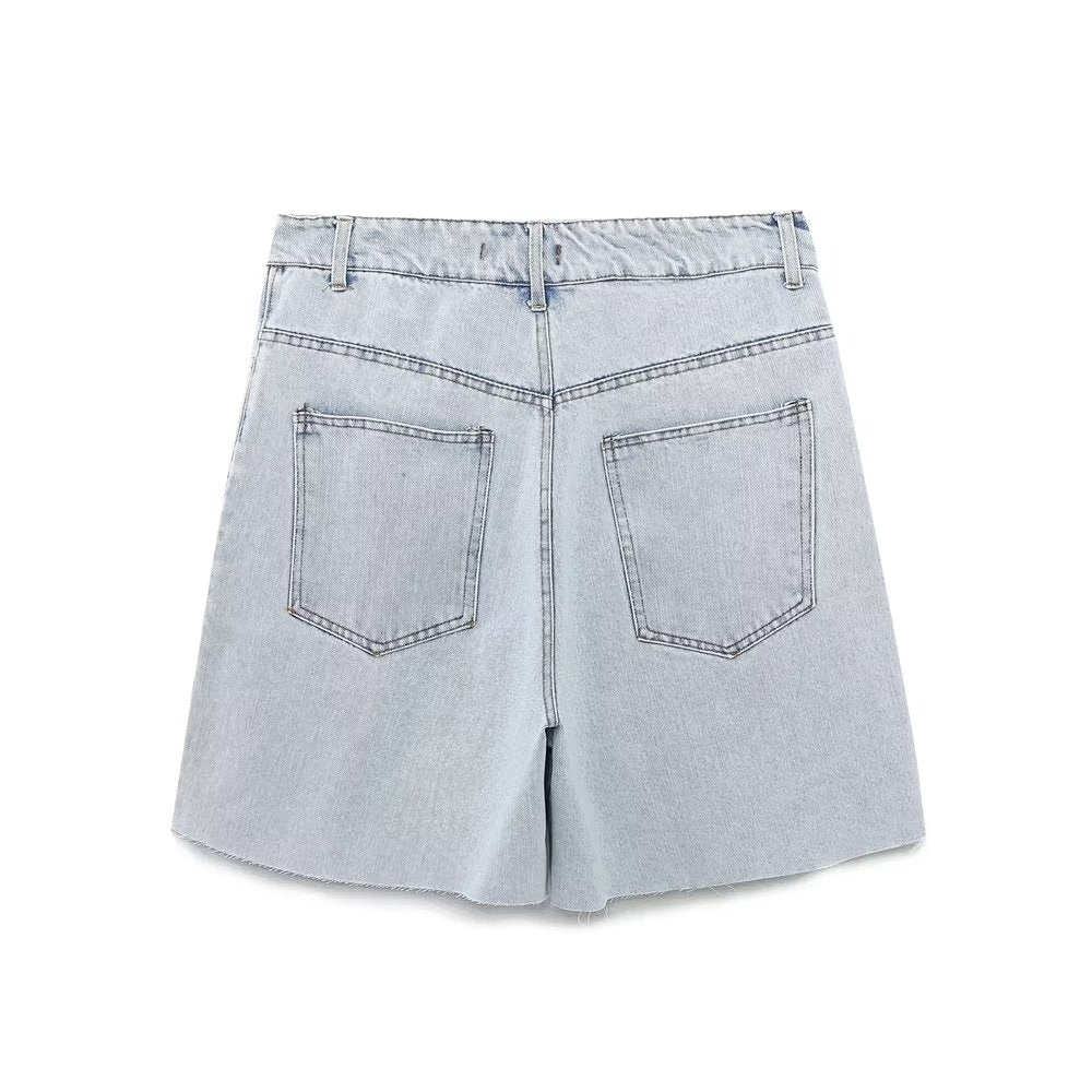 High Waist Straight Long Denim Shorts