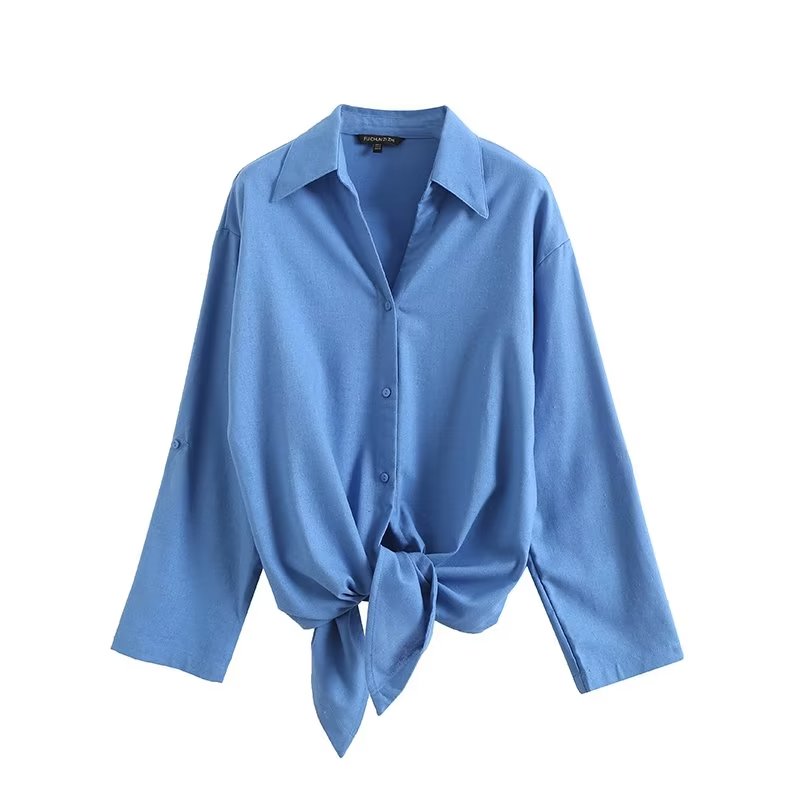 Solid Color Linen Collared Tied Blouse