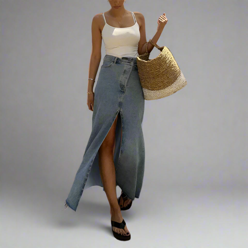 Long High Waist Slit Vintage Denim Skirt