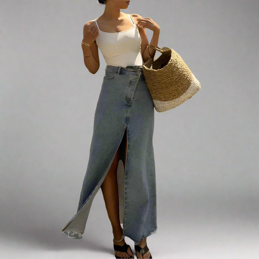Long High Waist Slit Vintage Denim Skirt
