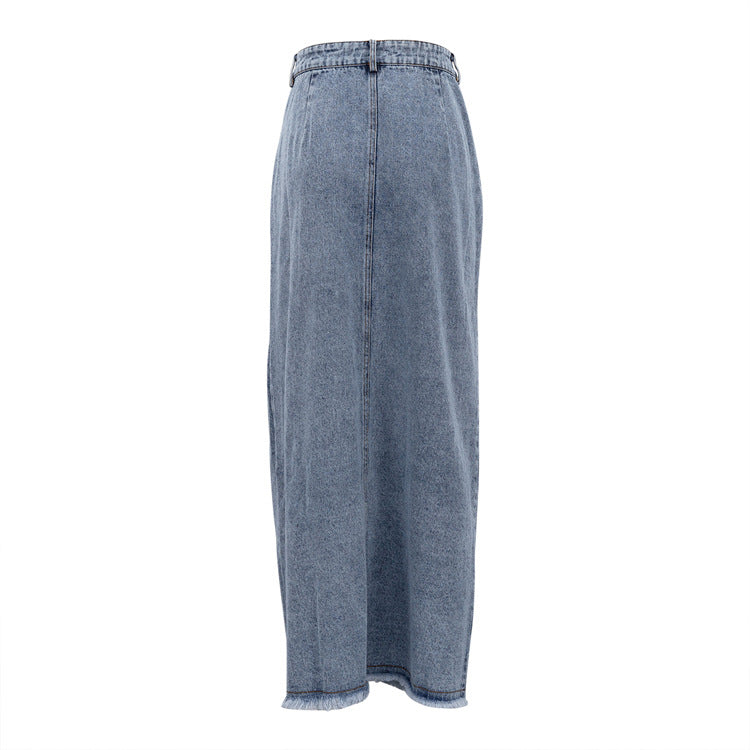 Long High Waist Slit Vintage Denim Skirt
