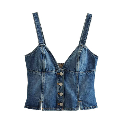 V neck Brace Single Breasted Short Denim Top