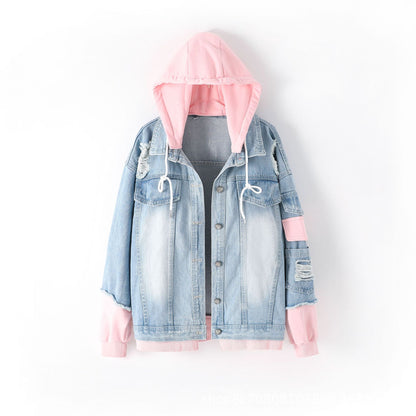 Women Hooded Patchwork Denim Jacket