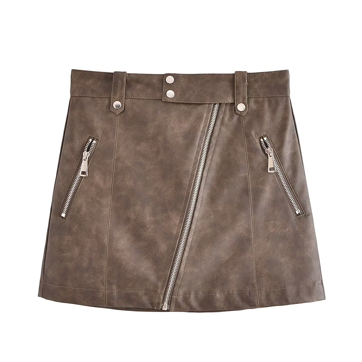 Washed Leather Zipper Skirt