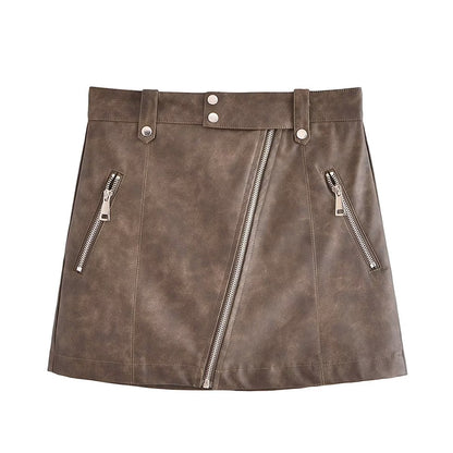 Washed Leather Zipper Skirt Set