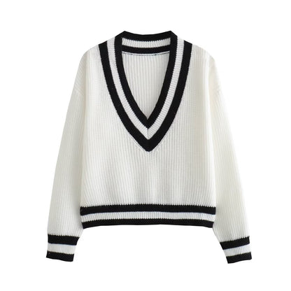 V Neck Woolen Black White Knitted Sweater