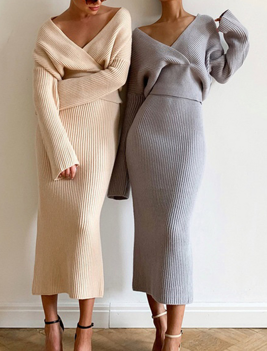 Solid Stretch Sweater Top & Skirt Set