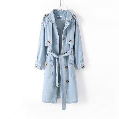 Women Clothing Belt Long Denim Trench Coat