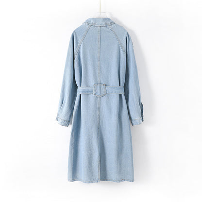 Women Clothing Belt Long Denim Trench Coat