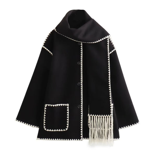 Scarf Woolen Coat (Black)