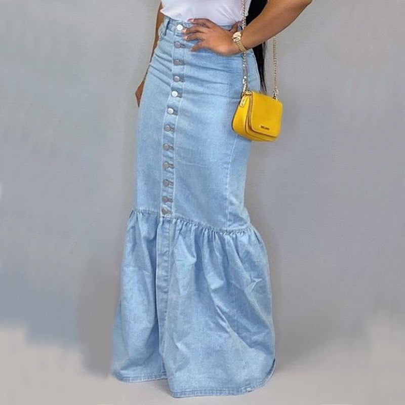 Long Fishtail Denim Skirt