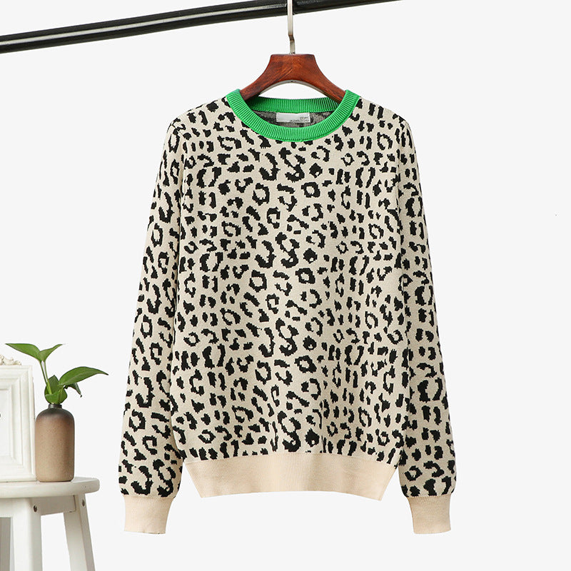 Women Clothing Autumn Winter Thick Women Pullover Leopard Jacquard Contrast Color Loose Bottoming Women Sweater