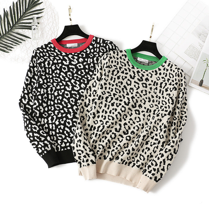 Women Clothing Autumn Winter Thick Women Pullover Leopard Jacquard Contrast Color Loose Bottoming Women Sweater