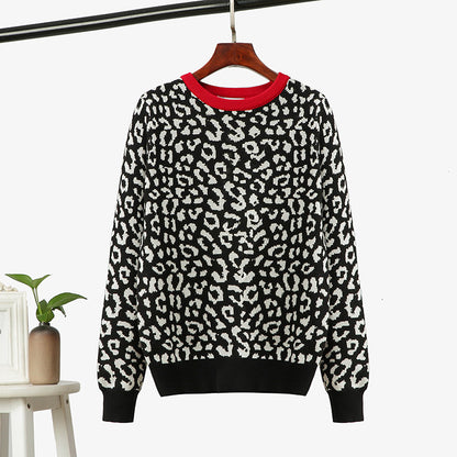 Women Clothing Autumn Winter Thick Women Pullover Leopard Jacquard Contrast Color Loose Bottoming Women Sweater