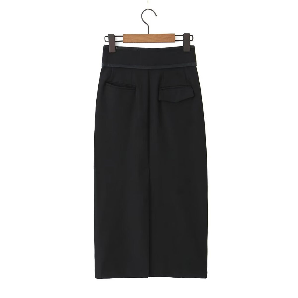 Straight Double Pleated Black Skirt