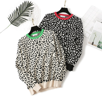 Women Clothing Autumn Winter Thick Women Pullover Leopard Jacquard Contrast Color Loose Bottoming Women Sweater