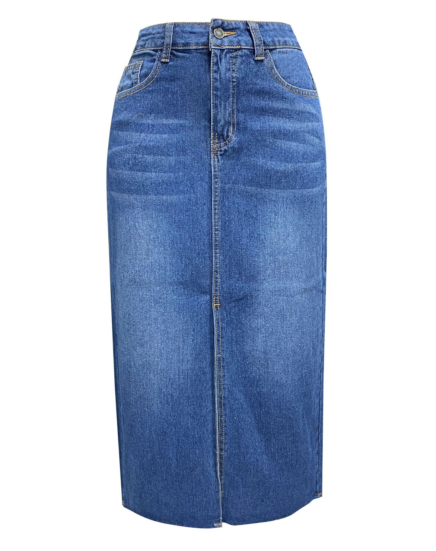 Split Denim Skirt High Waist Wash A Line Skirt Mid Length Skirt Women