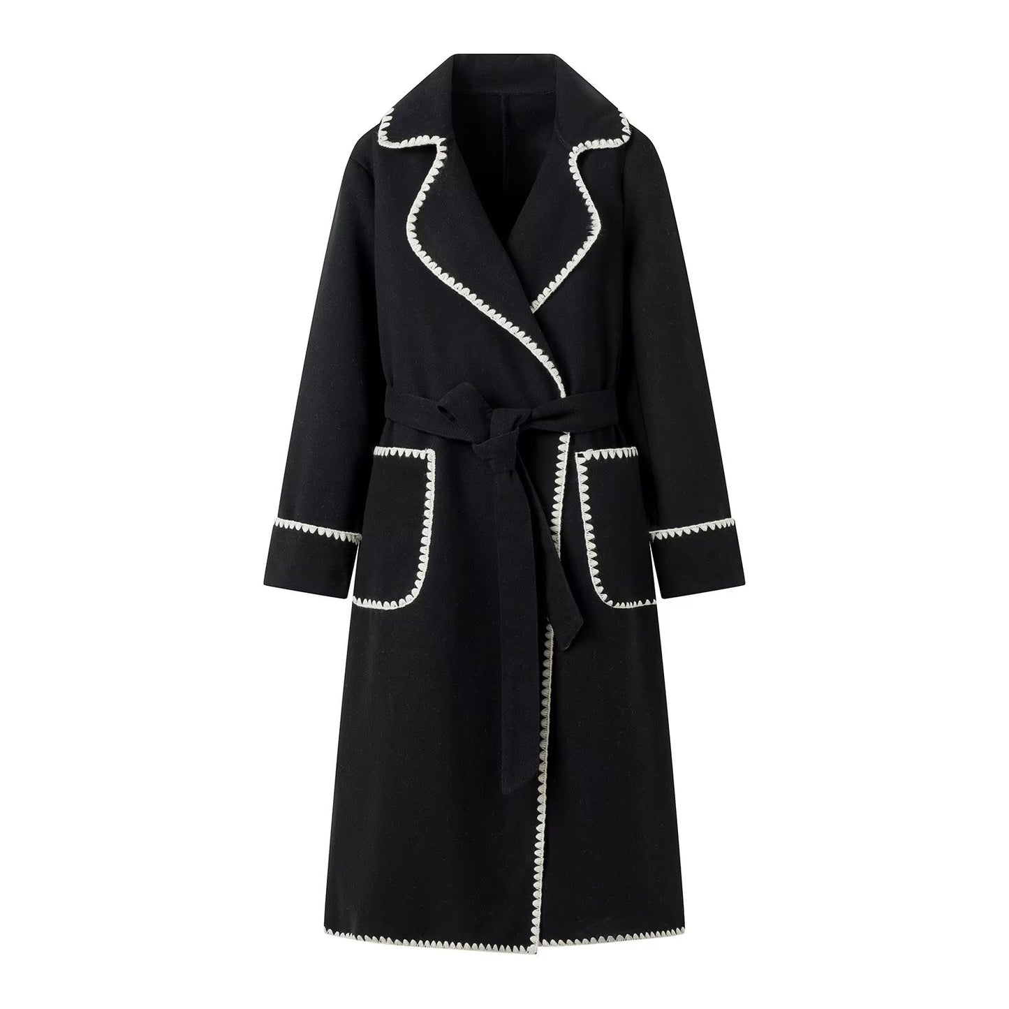 French Trim Belt Woolen Black Coat