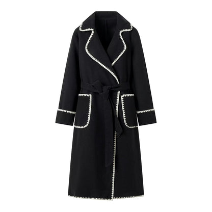 French Trim Belt Woolen Black Coat