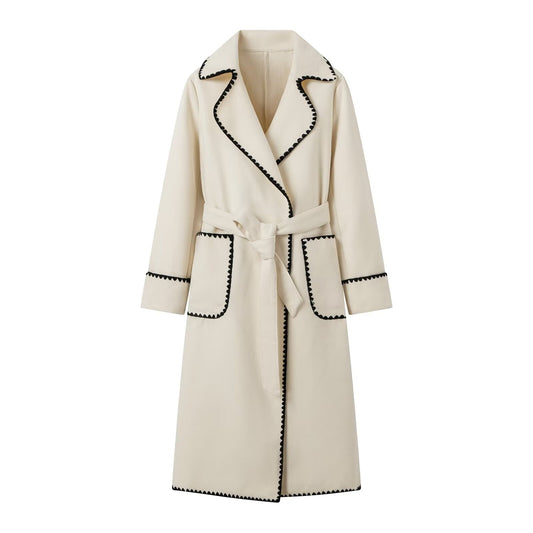 French Trim Belt Woolen Ivory Coat