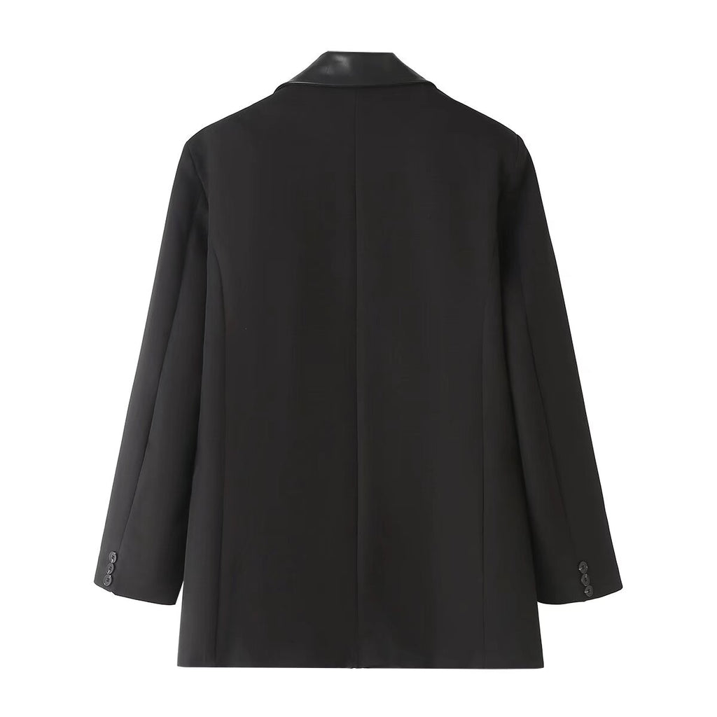 Faux Leather Single Button Pocket Slim Blazer