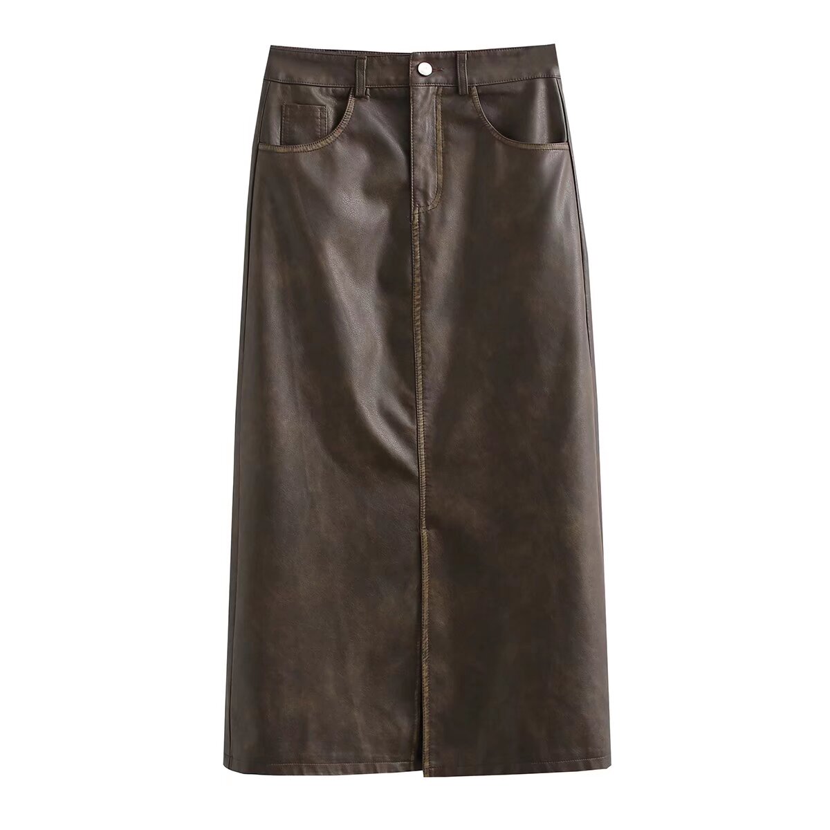 Retro Minority Elegant Faux Leather Skirt Urban Adult Lady like Woman Office Sexy High Waist One Button A line Skirt