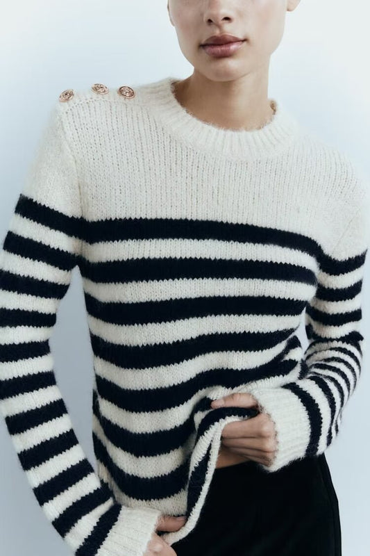 Black White Striped Sweater Top