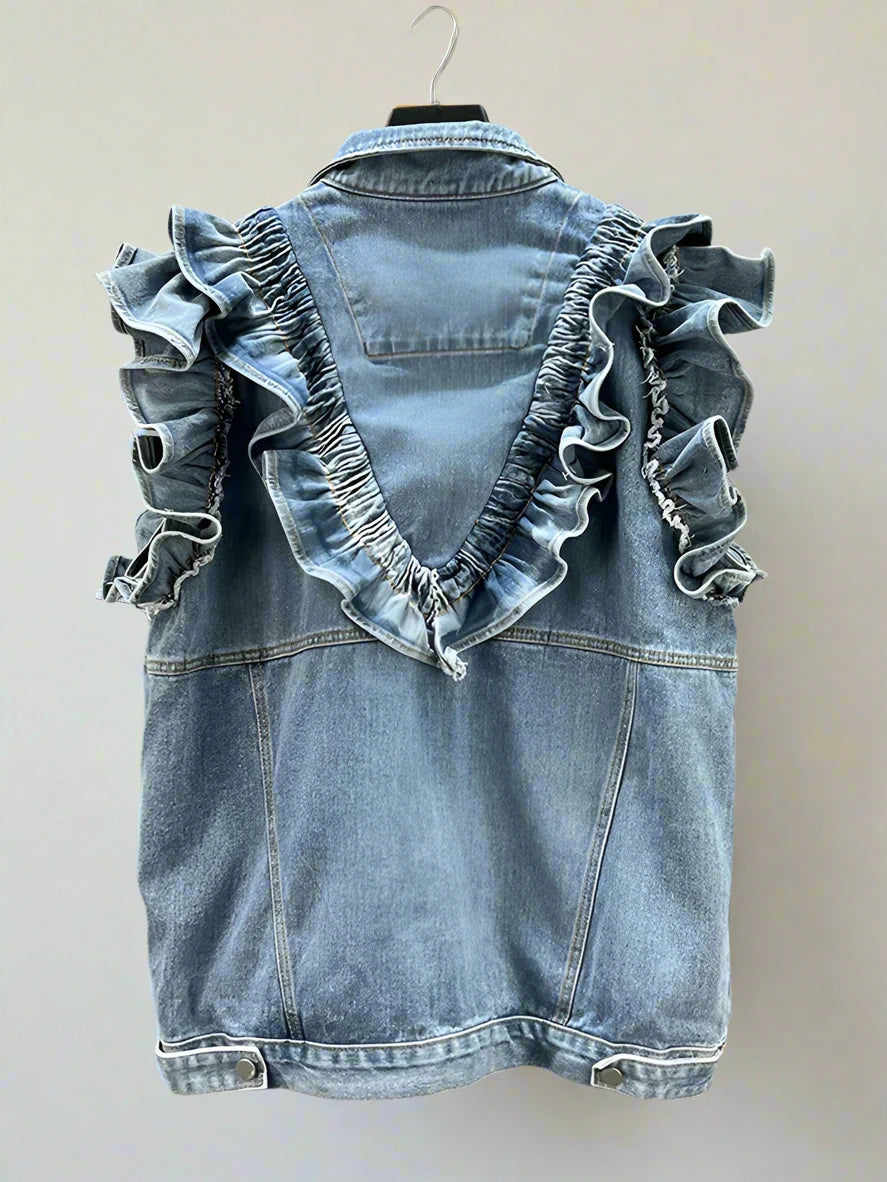 Streetwear Ruffle Spliced Denim Vest