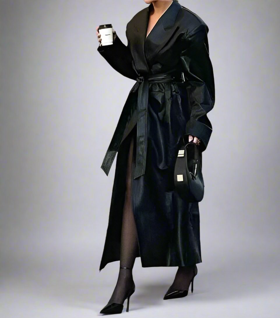 French Faux Leather Black Tie Trench Coat