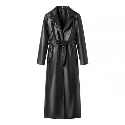 French Faux Leather Black Tie Trench Coat