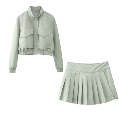 Festive Zipper Jacket Coat & pleated Skirt Set