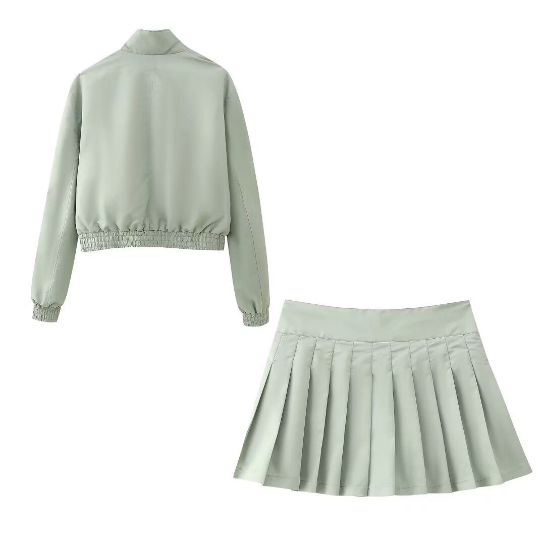 Festive Zipper Jacket Coat & pleated Skirt Set