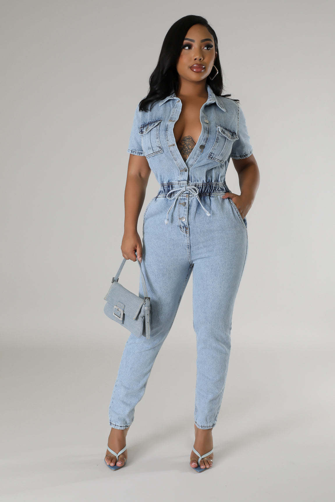 Floral Wash Denim Jumpsuit