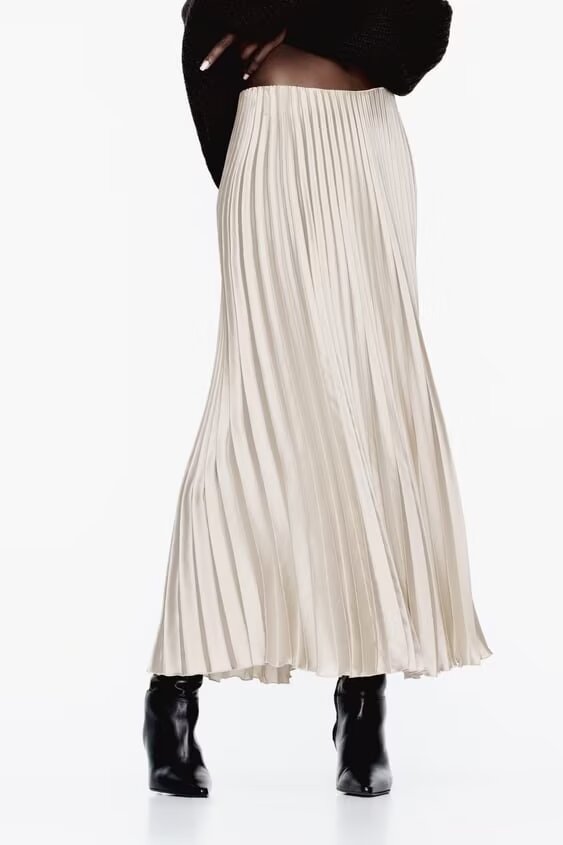 High-Rise Satin Pleated A-Line Midi Skirt