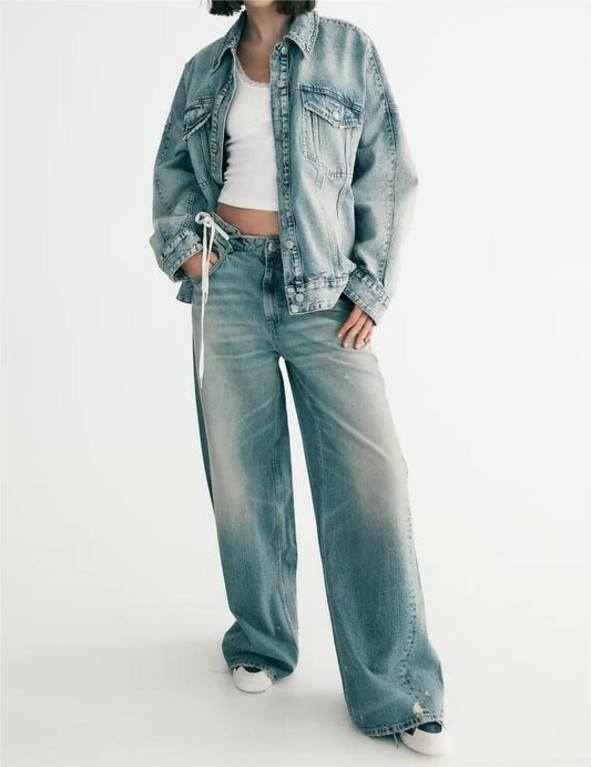 Loose Denim Jacket Coat & Low Waist Wide Leg Jeans