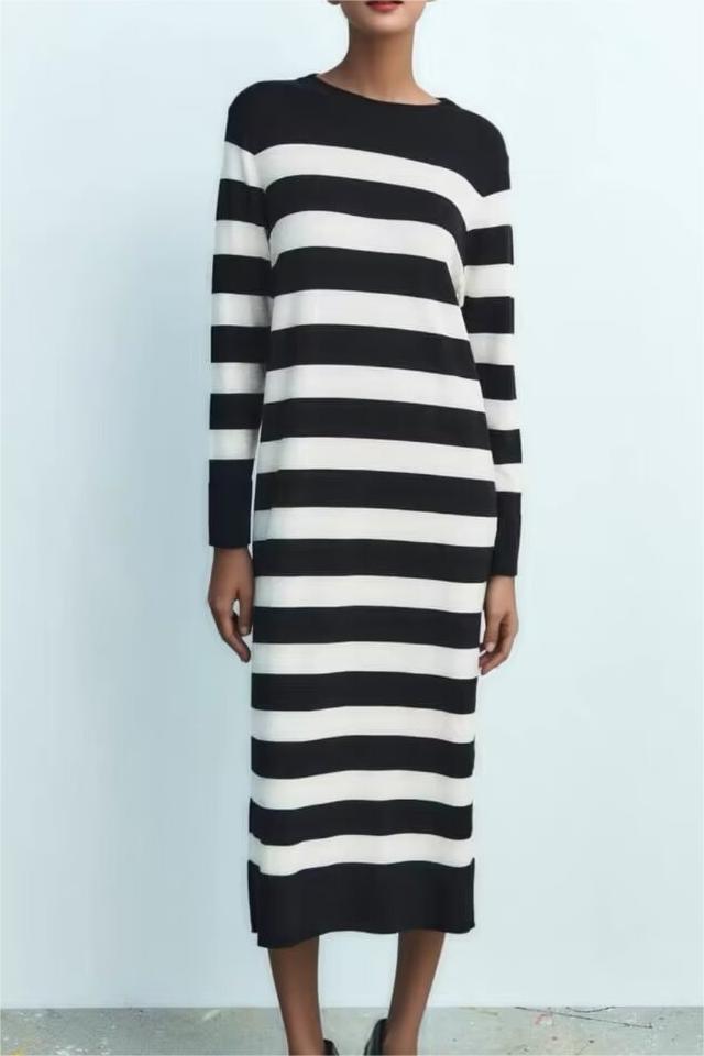 Women Clothing French Striped Slim Knit Long Sleeve Dress