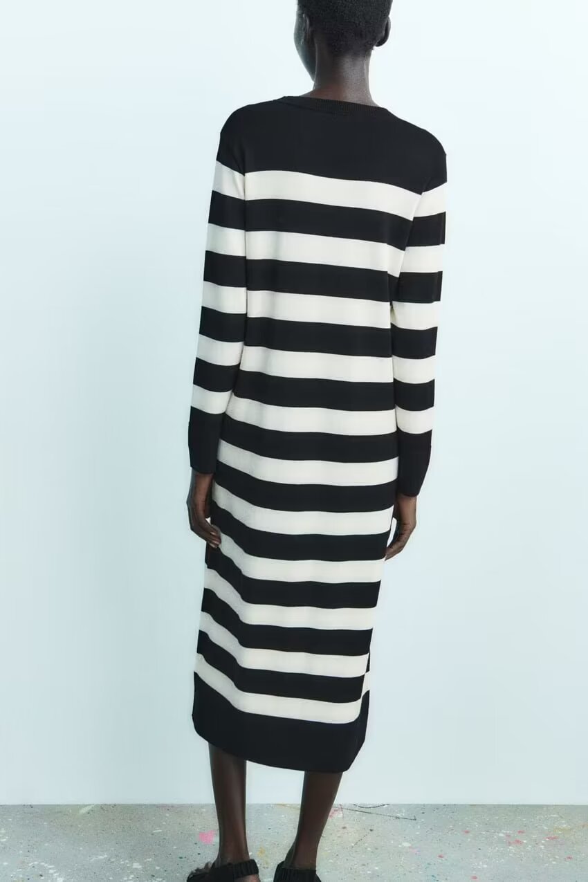 Women Clothing French Striped Slim Knit Long Sleeve Dress