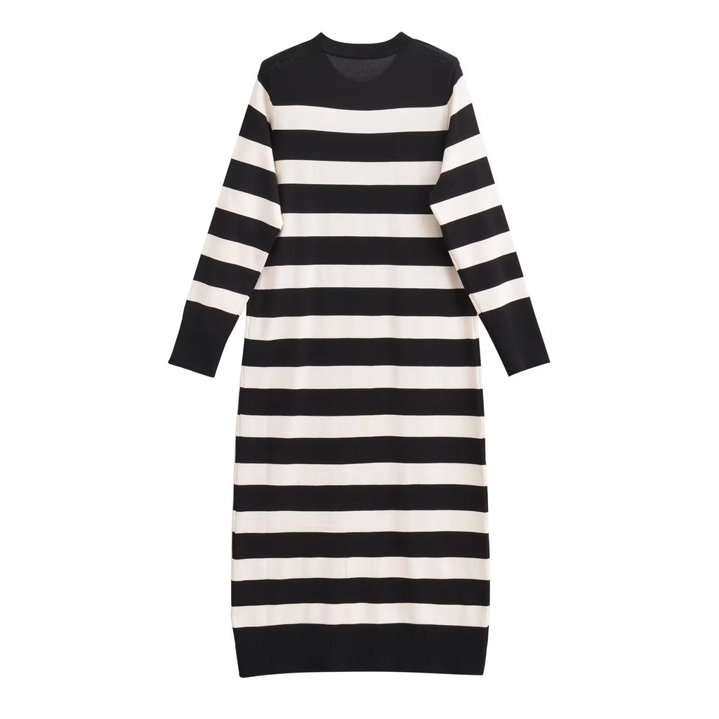 Women Clothing French Striped Slim Knit Long Sleeve Dress