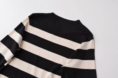 Women Clothing French Striped Slim Knit Long Sleeve Dress