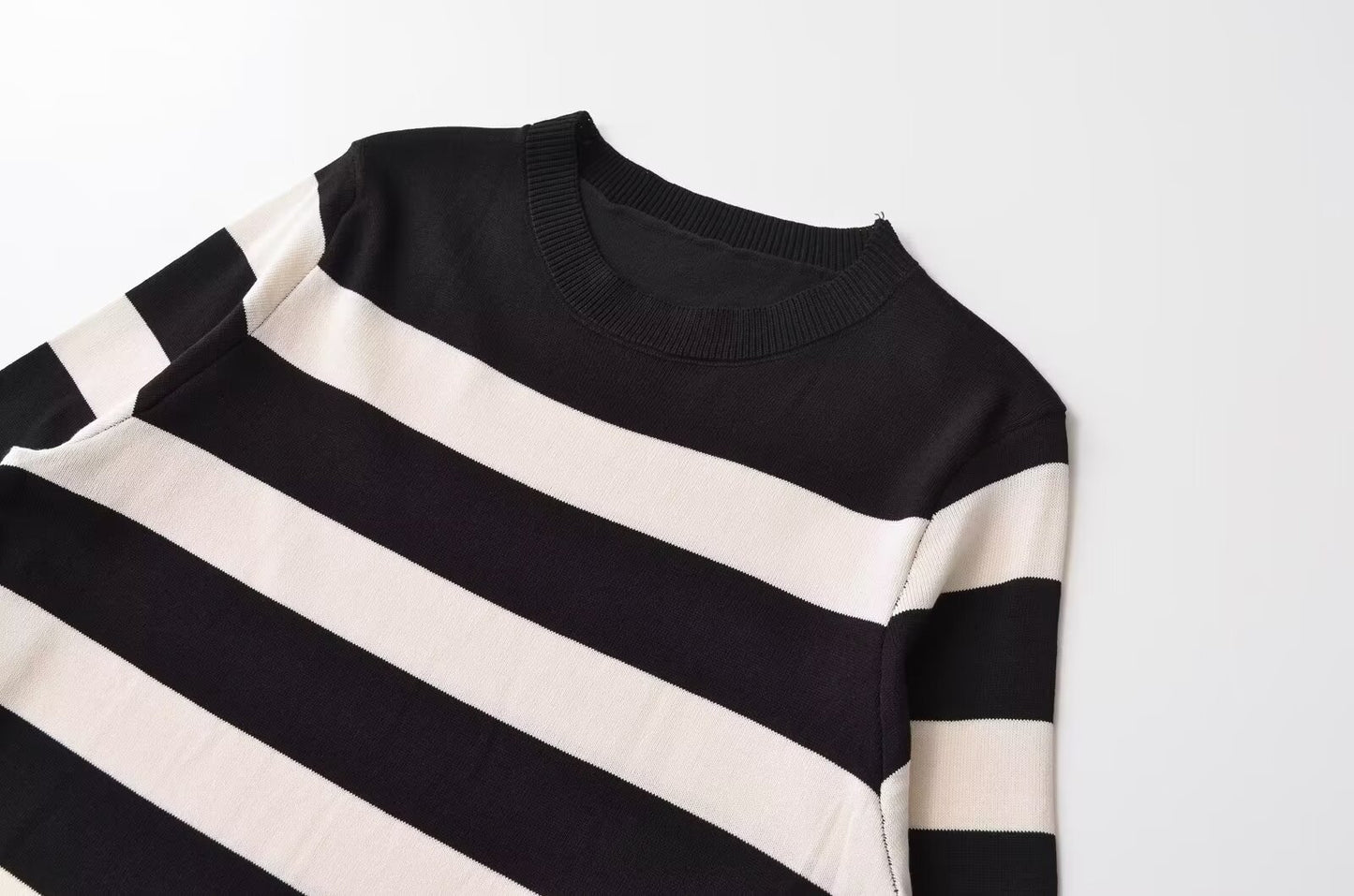 Women Clothing French Striped Slim Knit Long Sleeve Dress