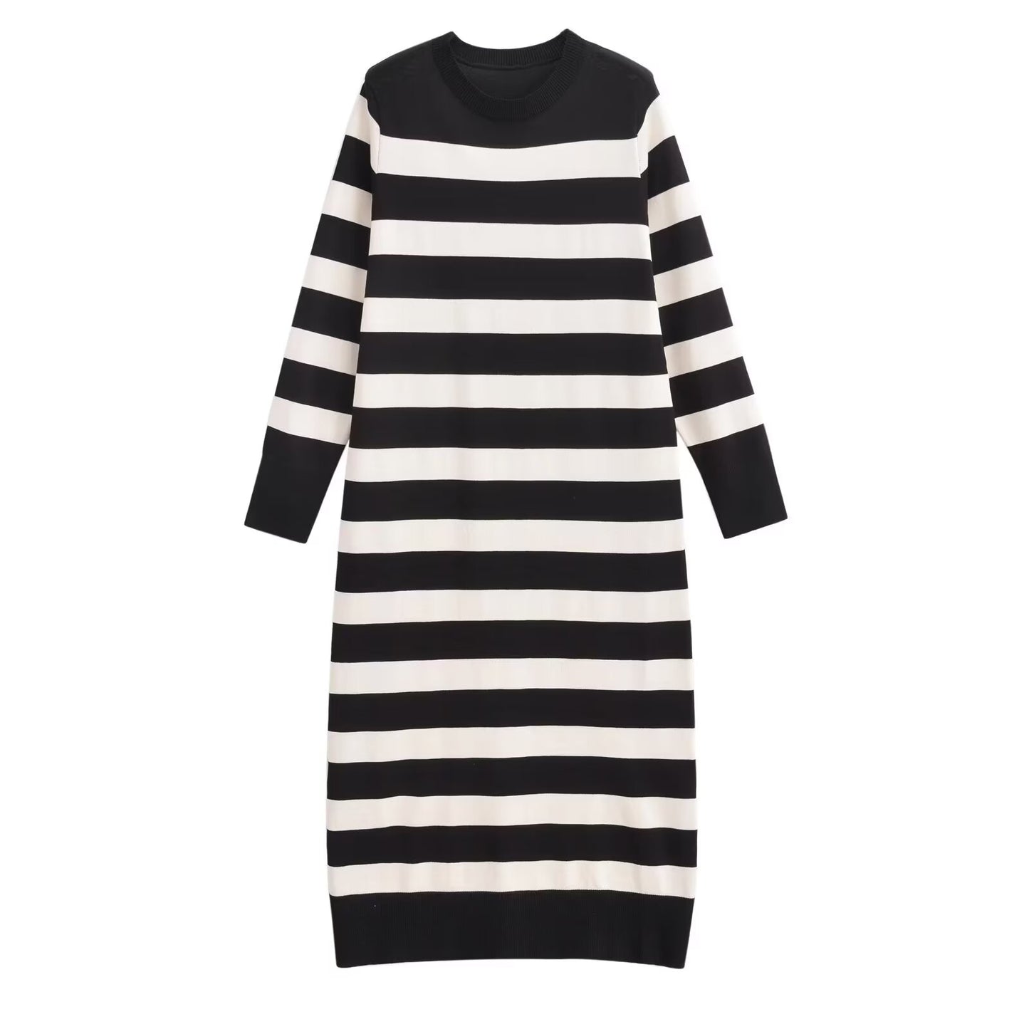 Women Clothing French Striped Slim Knit Long Sleeve Dress