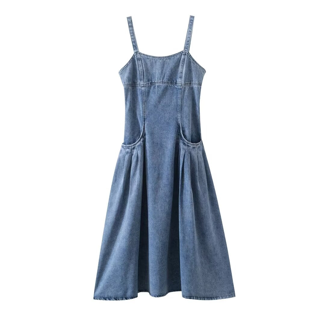 Chic French Pleated Denim Dress