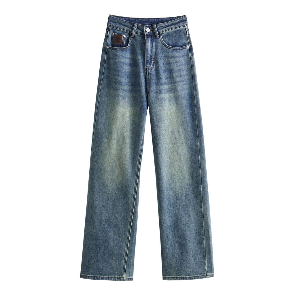 Washed Distressed Pocket Straight Jeans