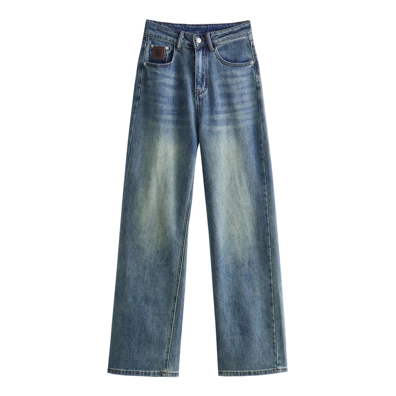 Washed Distressed Pocket Straight Jeans