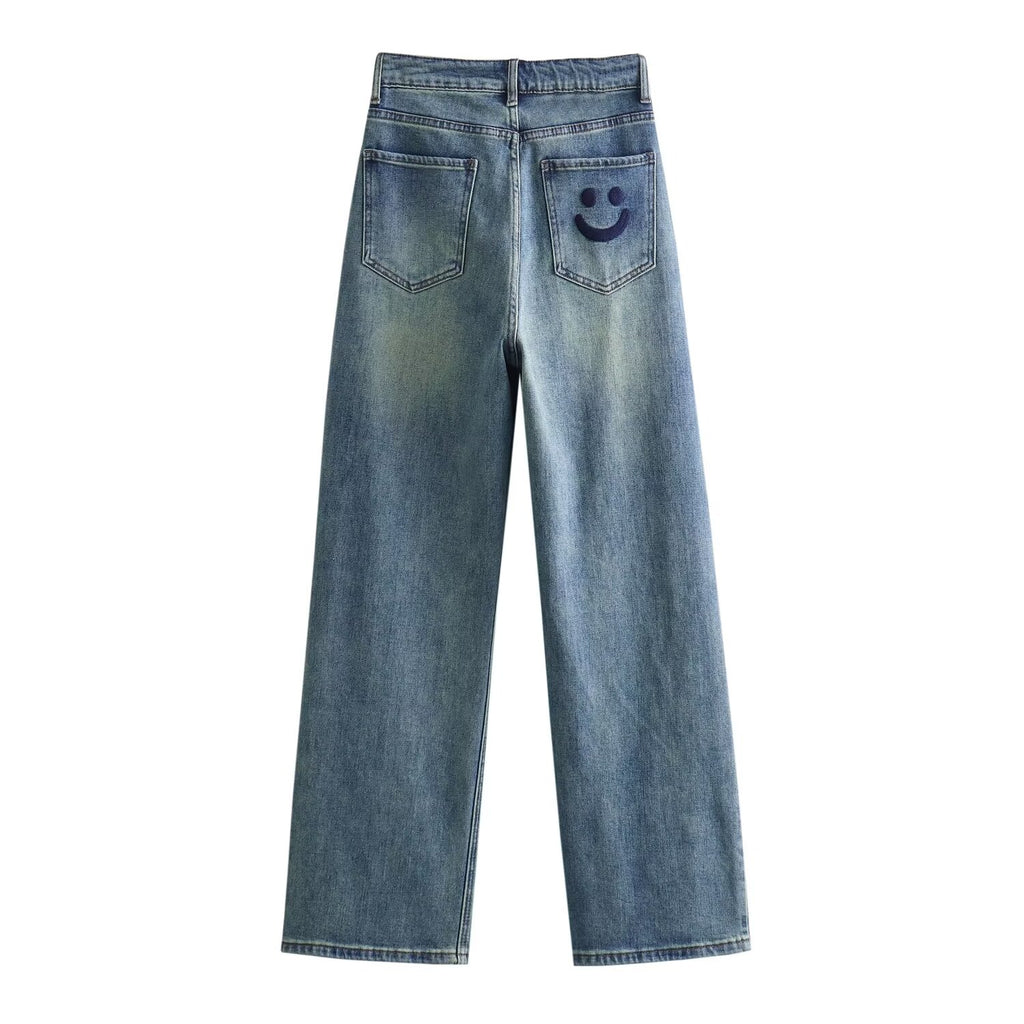 Washed Distressed Pocket Straight Jeans