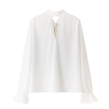 Spring Women Long Sleeve White Chiffon Lace Up Shirt