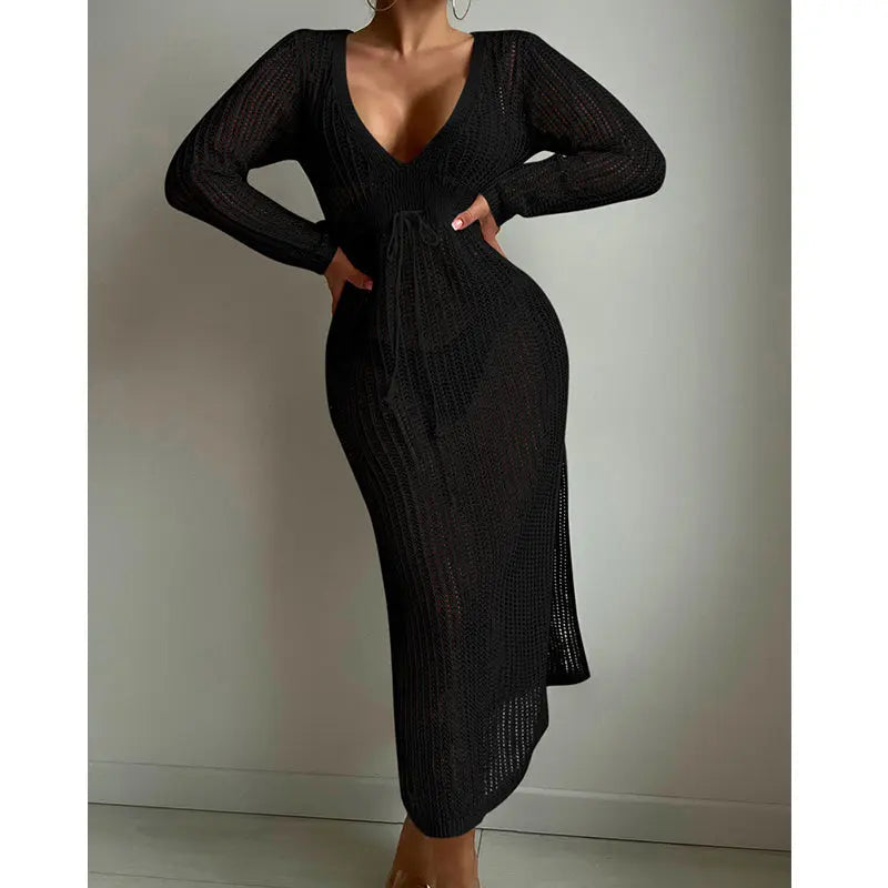 Sexy Hollow Out Cutout Knitted Deep V Plunge Lace up Waist Controlled Long Sleeve Split Skirt Vacation Dress Swimsuit Blouse Crochet hook